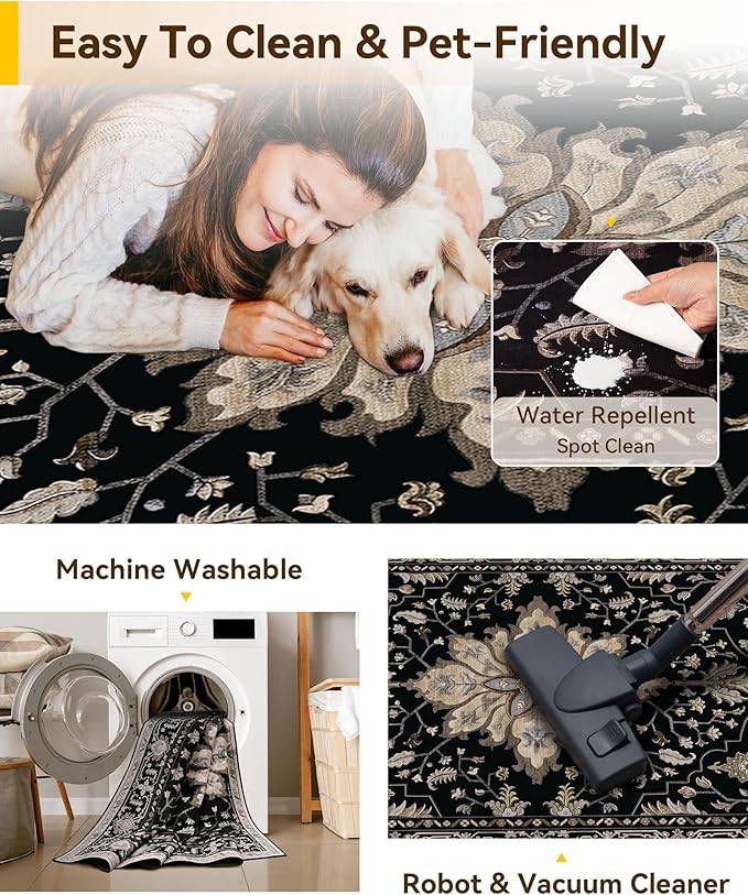 Area Rugs 2'6''x10' Runner Rug Non Slip Washable for Kitchen Hallway Bedroom Beside Laundry Room Bathroom Rug, Floor Carpet, Black Brown Neutral Dark Tan