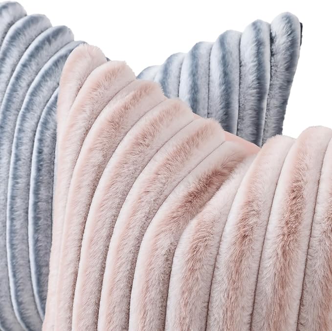 decorUhome Summer Cozy Faux Fur Throw Pillow Covers 20x20 Set of 2 Decorative Soft Plush Striped Modern Farmhouse Boho Couch Pillow Cases with Velvet Back for Sofa Bed Living Room, Pink White