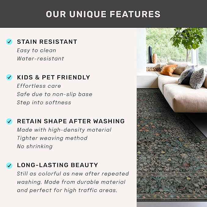 Dark Green 4x6 Washable Area Rug for Living Room Bedroom Large Entryway Kitchen, Ultra Soft Non Slip Stain Resistance, Floral Distressed Aethestic Design