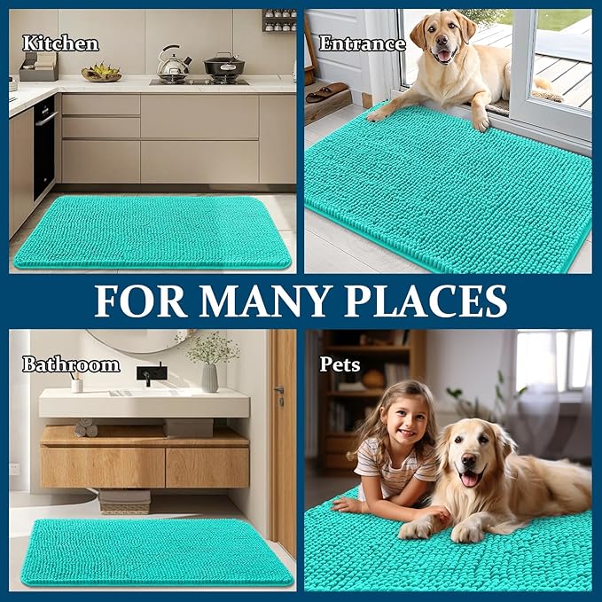 OLANLY Dog Door Mat for Muddy Paws 50x30, Absorbs Moisture and Dirt, Absorbent Non-Slip Washable Doormat, Quick Dry Chenille Mud Mat for Dogs, Entry Indoor Entryway Carpet for Inside Floor, Teal