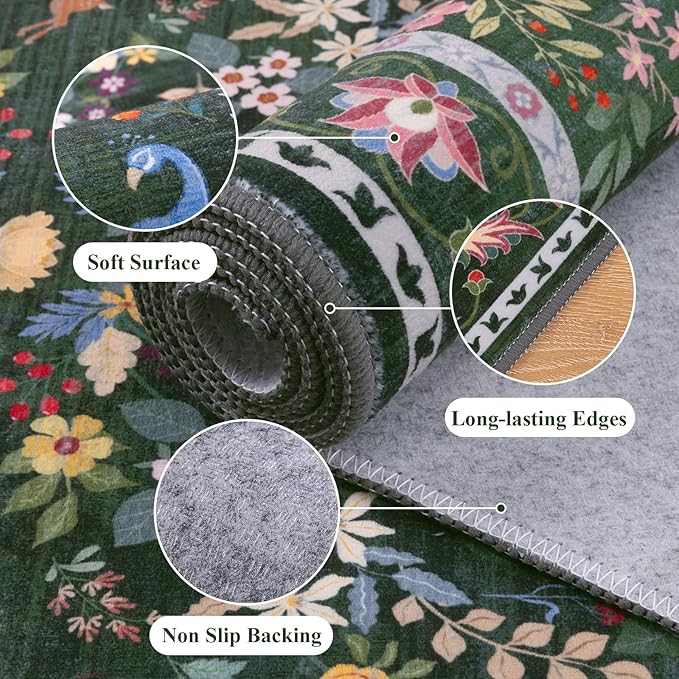HEBE Washable Hallway Runner Rug 2'x 6' Non Slip Kitchen Rugs Runner,Low Pile Entryway Rug Laundry Room Mat Floral Carpet Runners for Hallways, Kitchen,Bathroom,Laundry,Bedside Rug