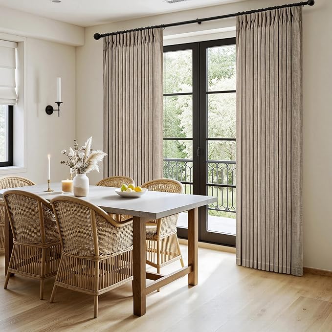 MIULEE Pinch Pleated Thick Linen Curtains 90 Inches Long 2 Panels for Living Room Bedroom, Linen Textured Memory Trained Pleat Drapes Back Tab Light Filtering Grey Beige Window Curtains with Hooks