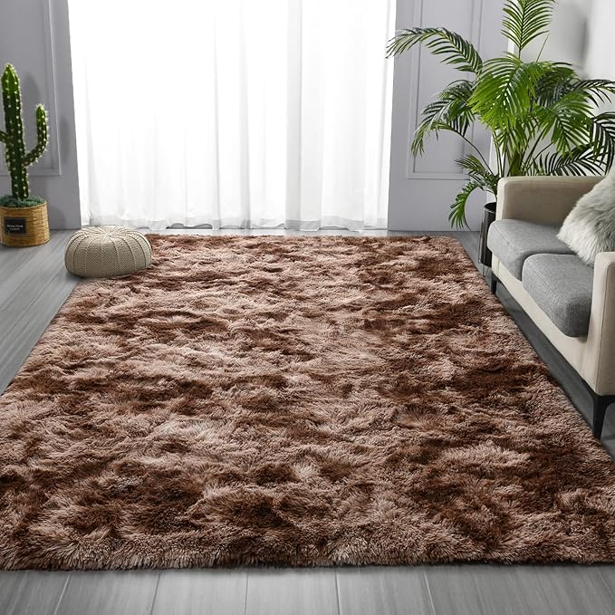 Deerhoo Large Shag Area Rugs 5 x 8, Tie-Dyed Plush Fuzzy Rugs for Living Room, Ultra Soft Fluffy Furry Rug for Bedroom, Indoor Carpet Nursery Rugs for Kids Room Home Decor, Coffee