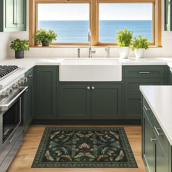 Hazo Haus 2x4 Entry Way Rugs Indoor - Dark Green Putdoor Rug for Kitchen, Bathroom, Insect Boho Design, Washable Non Slip Stain Resistant