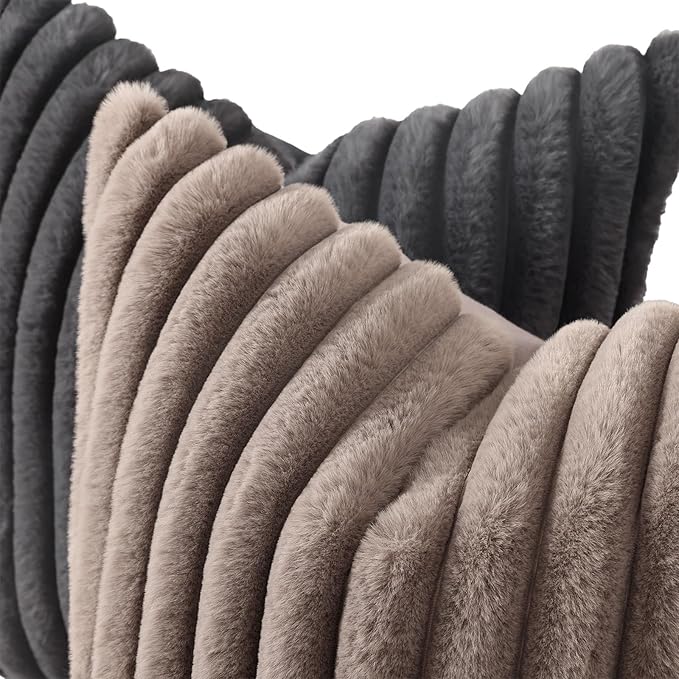 decorUhome Cozy Faux Fur Throw Pillow Covers 16x16 Set of 2 Decorative Soft Plush Striped Modern Farmhouse Boho Couch Pillow Cases with Velvet Back for Sofa Bed Living Room, Dark Grey