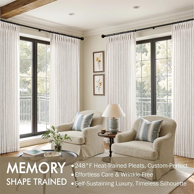 MIULEE Pinch Pleated Thick Linen Curtains 96 Inches Long 2 Panels for Living Room Bedroom, Memory Trained Pleat Drapes Light Filtering Natural Birch Semi Sheer Window Curtains Hooks Rings Back Tab