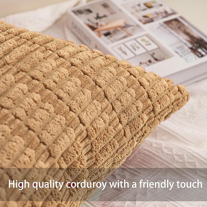 Pack of 2 Corduroy Decorative Throw Pillow Covers 18x18 InchSoft Boho Striped Pillow Covers Modern Farmhouse Home Decor for Sofa Living Room Couch Bed（Coffee）