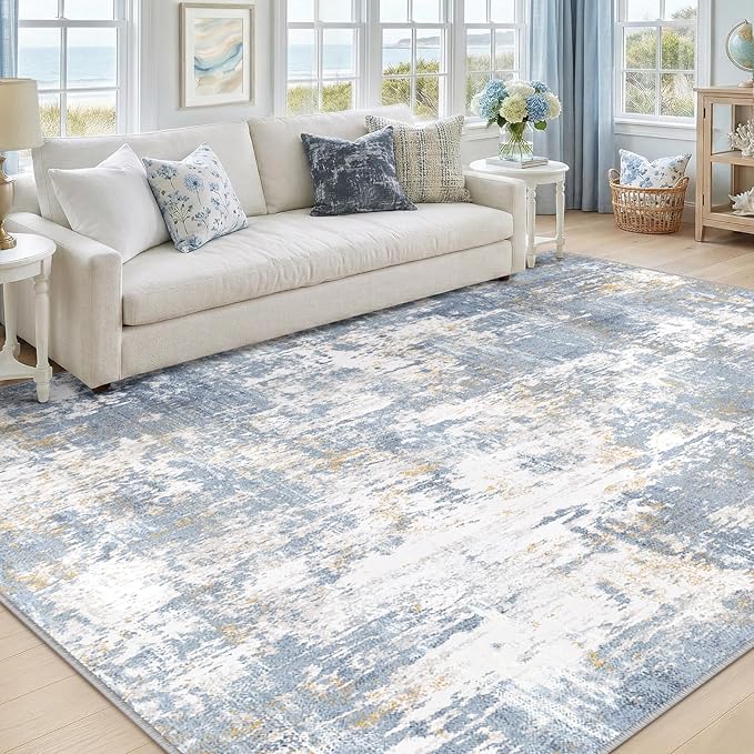 Washable Area Rugs 5'x7' Non-Slip Modern Abstract Soft for Living Room Entryway Bedroom Nursery, Print Pattern, Light Blue