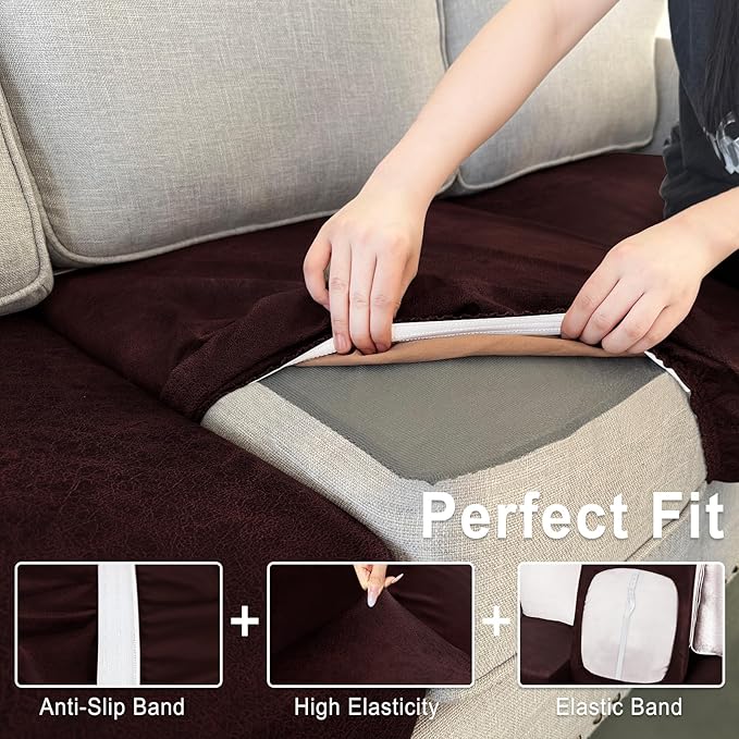 Leather Look Couch Cushion Covers Sofa Seat Slipcovers Sets Couches Furniture Protector for Sectional Armchair Loveseat Pets Kids Stretch Spandex Fabric (3 Cushion Sofa, Burgundy)