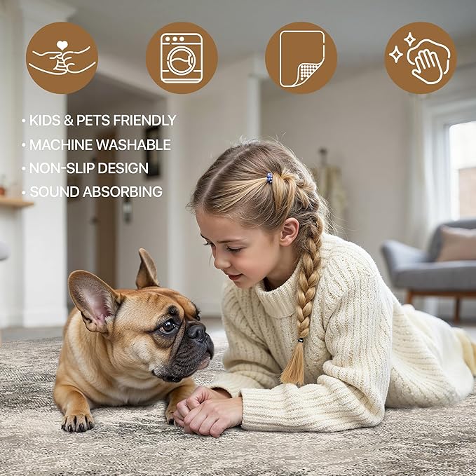 Area Rugs 9x12 for Living Room Bedroom, Modern Abstract Machine Washable Rug, Large Soft Low Pile Floor Carpet with Non Slip Backing for Dining Room, Grey