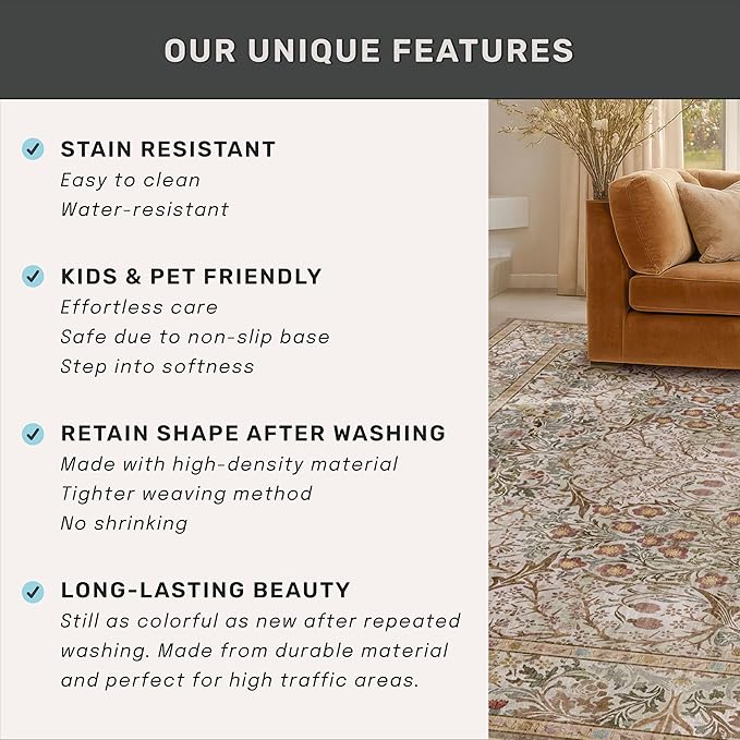 Moss Green Washable 2x4 Entry Rug - Front Door Rugs Indoor, Vintage Floral Style Small Rug for Kitchen, Bathroom, Non-Slip Boho Vintage Dark Taupe Entryway Décor