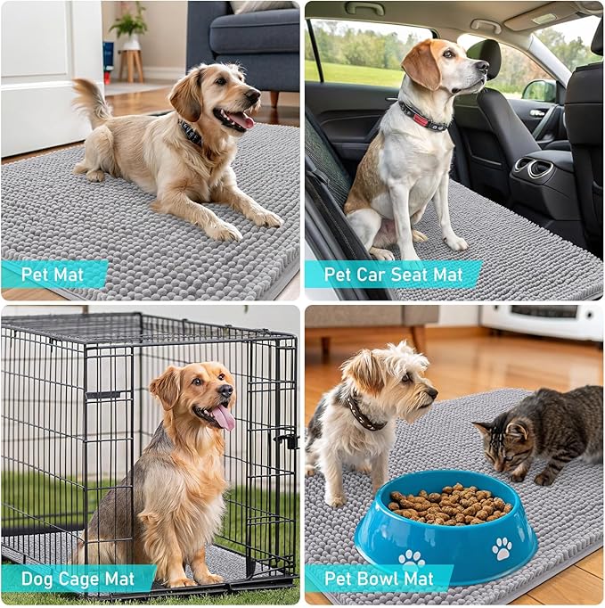 OLANLY Dog Door Mat for Muddy Paws 47x17, Absorbs Moisture and Dirt, Absorbent Non-Slip Washable Doormat, Quick Dry Chenille Mud Mat for Dogs, Entry Indoor Entryway Carpet for Inside Floor, Light Grey