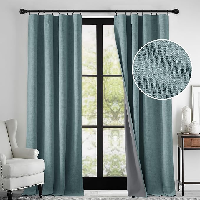 RYB HOME 100% Blackout Linen Textured Curtains 84 inches Long, Thermal Insulating Privacy Energy Saving for Bedroom Living Room Window Office Theater Baby Nursery, W 52 x L 84 in, Misty Blue, 2 Pcs