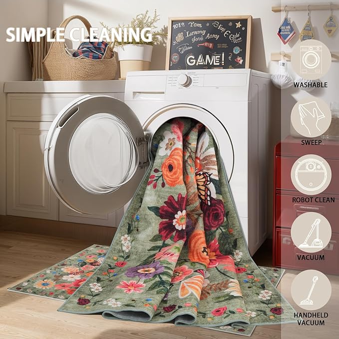 Floral Hallway Runner Green Carpet Non-Slip, 2x10 Washable Rug Ultra-Thin Soft for Hallways, Kitchen Mat Stain Resistant for Entryway Bathroom (2 x 10, Green Garden)
