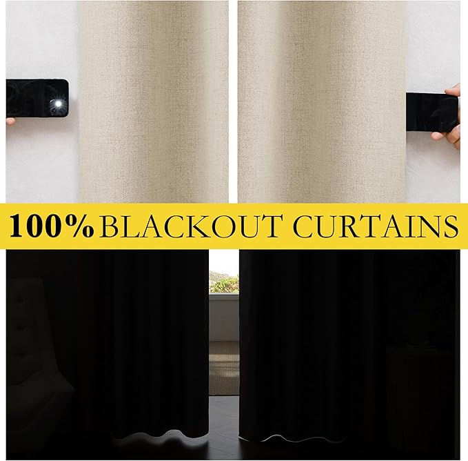 NICETOWN Cream 100% Blackout Linen Curtains 45 inch Long Burg for Dining Room, 1 Pair, 42" Width Each Panel, Farmhouse Thick Completely Blackout Window Treatment Thermal Insulated Drapes