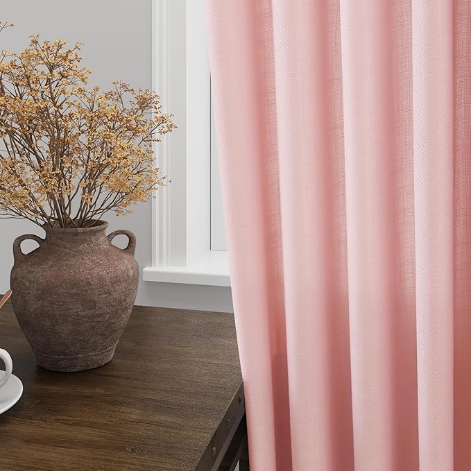 Nanspring Pink Linen Curtains 96 Inches Long 2 Panels Set for Baby Girl Bedroom Back Tab Rod Pocket Semi Sheer Light Filtering Drape for Bedroom Home Decor Protect Privacy 52x96