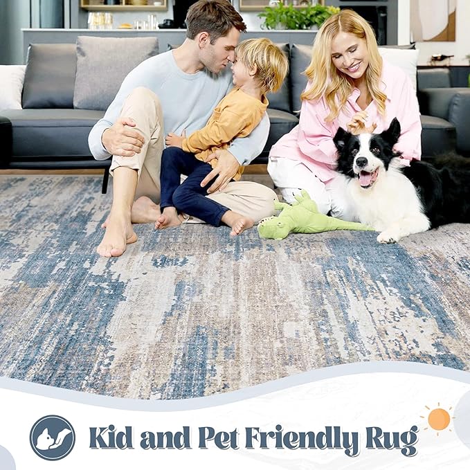 6x9 Area Rugs for Living Room, Washable Modern Abstract Large Area Rug Neutral Soft Non Slip Kids Rug Stain Resistant Indoor Carpet for Bedroom Nursery Dining Room Playroom(BlueBeige, 6'x9')
