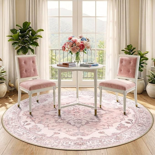 Area Rugs 5ft Washable Non-Slip, Floral Vintage Distress Print Pattern Medallion Carpet for Living Room Bedroom Dining Room, Pink Greypink Cute