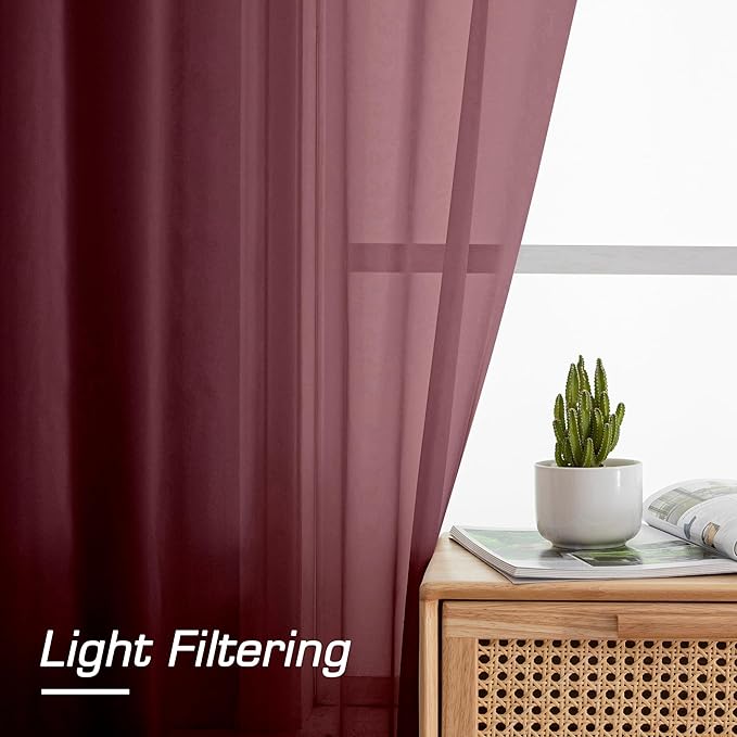Simplebrand Red Sheer Curtains 84 Inches Long, Light Filtering Rod Pocket Solid Color Window Sheer Curtain Panels, Elegant Curtains & Drapes for Living Room, Bedroom 2 Panels (Burgundy, 42" W x 84" L)
