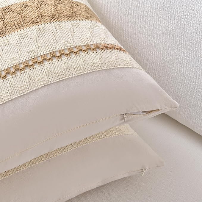Fancy Homi Set of 1 Tan Neutral Decorative Throw Pillow Cover 20x20 Inch for Couch Bed Sofa, Aesthetic Modern Organic Farmhouse Boho Home Decor, Soft Cotton Cute Accent Macrame Woven Cushion Case