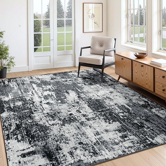 Washable Area Rugs 4'x5' Non-Slip Modern Abstract Soft for Living Room Entryway Bedroom Nursery, Print Pattern, Black Navy Blue Gray