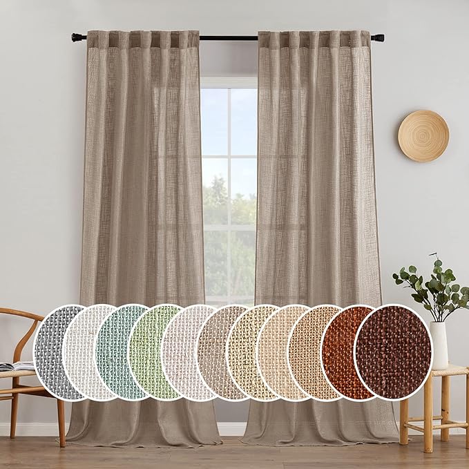 MIULEE Taupe Linen Curtains 108 Inches Long for Bedroom Living Room, Soft Thick Linen Textured Window Drapes Semi Sheer Light Filtering Rod Pocket Back Tab Burlap Look Farmhouse Decor, 2 Panels