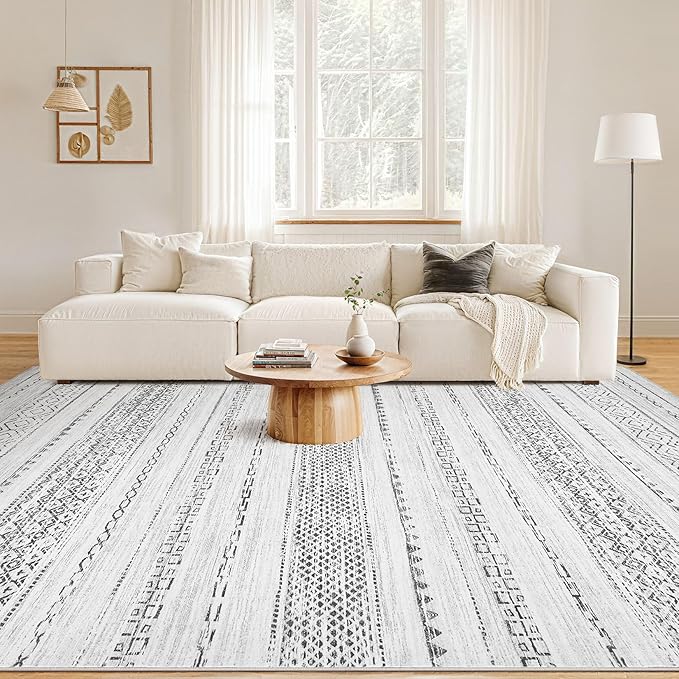 Nakagishi Area Rug Living Room Rugs: 5x7 Machine Washable Boho Large Neutral Farmhouse Stain Resistant Moroccan Indoor Floor Carpet for Bedroom Nursery Dorm Classroom Playroom Dining Room House- Grey