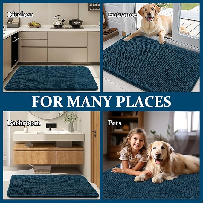 OLANLY Dog Door Mat for Muddy Paws 47x20, Absorbs Moisture and Dirt, Absorbent Non-Slip Washable Doormat, Quick Dry Chenille Mud Mat, Entry Indoor Entryway Carpet for Inside Floor, Atlantic Blue