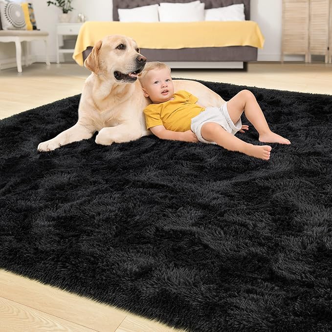 Tepook Area Rugs 8x10 for Living Room, Super Soft Fluffy Rugs for Bedroom, Modern Shaggy Rug Fuzzy Carpets for Kids, Plush Indoor Nursery Home Decor Rug with Non-Slip Bottom, Black