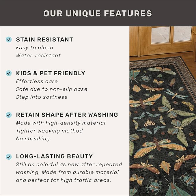 Black Washable 7x9 Large Area Rugs for Living Room, Vintage Insect Soft Rug for Bedroom, Dining Room Under Table, Boho Nature Butterfly Design - Low Pile Non Slip Carpet