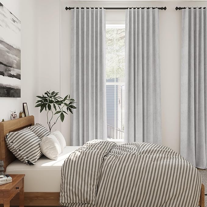 Nanspring Grey Linen Semi Sheer Curtains 72 Inches Long 2 Panels Set for Bedroom Back Tab Rod Pocket Light Filtering Drapes Cotton Textured Grey Farmhouse Living Room Curtain 52X72 Inches