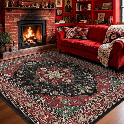 Area Rugs 5'x7' Washable Non-Slip, Floral Vintage Distress Print Pattern Medallion Carpet for Living Room Bedroom Dining Room, Red Black