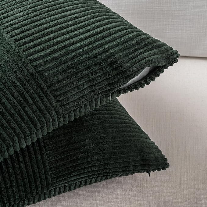 Fancy Homi 2 Packs Dark Green Lumbar Decorative Throw Pillow Covers 16x26 Inch for Living Room Couch Bed, Rustic Farmhouse Boho Home Decor, Soft Striped Corduroy Rectangle Accent Cushion Case 65x40 cm