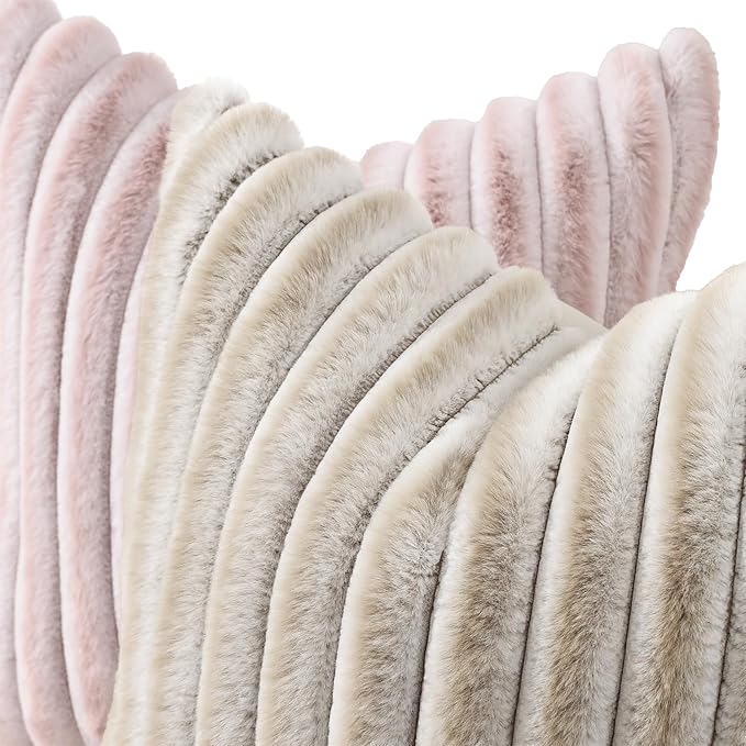 decorUhome Summer Cozy Faux Fur Throw Pillow Covers 18x18 Set of 2 Decorative Soft Plush Striped Modern Farmhouse Boho Couch Pillow Cases with Velvet Back for Sofa Bed Living Room, Beige White