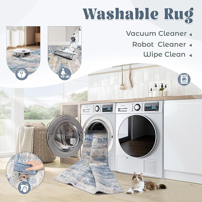 XLUEZ 8x10 Area Rugs for Living Room, Washable Modern Abstract Large Area Rug Neutral Soft Non Slip Kids Rug Stain Resistant Indoor Carpet for Bedroom Nursery Dining Room Playroom(BlueBeige, 8'x10')