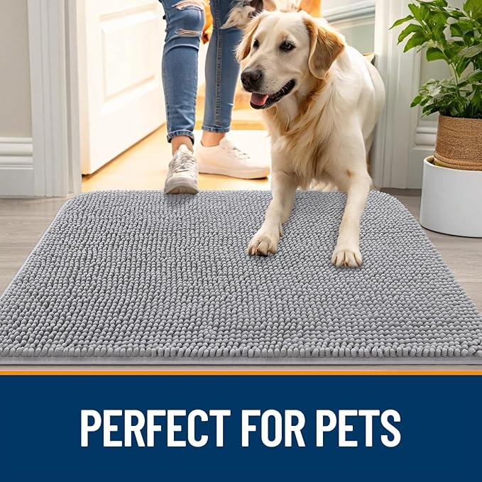 OLANLY Dog Door Mat for Muddy Paws 70x35, Absorbs Moisture and Dirt, Absorbent Non-Slip Washable Doormat, Quick Dry Chenille Mud Mat for Dogs, Entry Indoor Entryway Carpet for Inside Floor, Light Grey