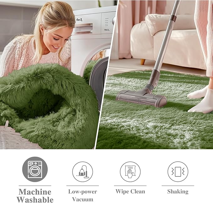 OLANLY Green Round Rugs for Bedroom - Machine Washable, 9 ft Circle Area Rugs for Living Room, Soft and Fluffy Shaggy Carpet for Teen Girl and Boys, Nursery Rooms, Dorms, Home Decor Aesthetic