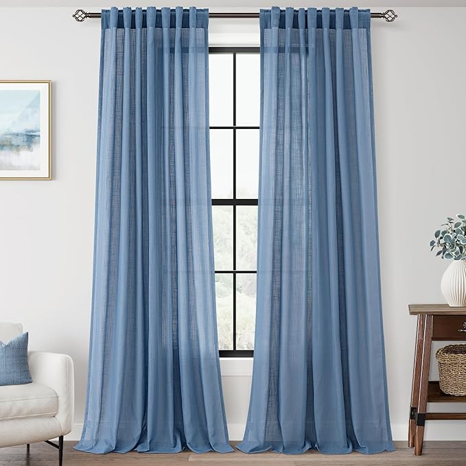 Denim Blue Curtains for Living Room Back Tab Modern Farmhouse Semi Sheer Blue Curtains 120 inches Long 2 Panels Set Muted Neutral Window Curtain for Dining Room Bedroom 52x120