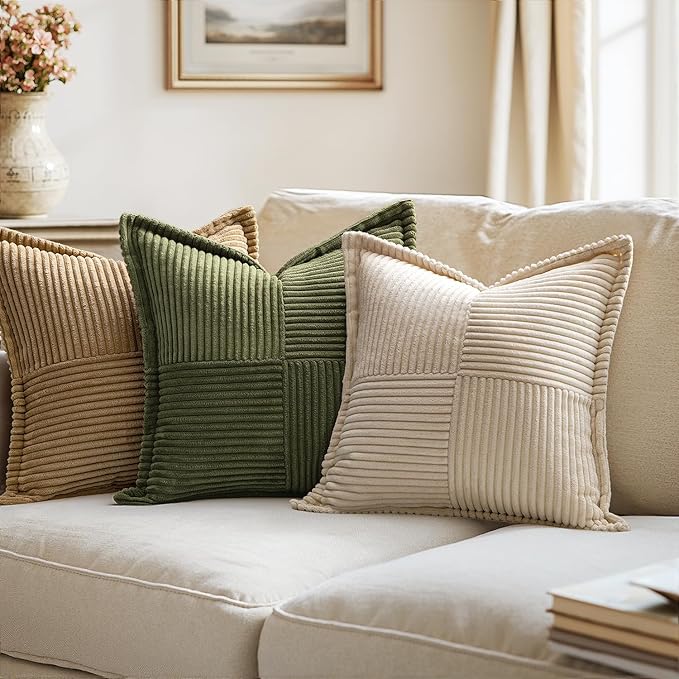 MIULEE Decorative Euro Sham Throw Pillow Covers for Couch Bed Livingroom 26x26 Inch Set of 2 Beige Boho Accent Throw Pllows Broadside Striped Patchwork Soft Corduroy Pillowcases