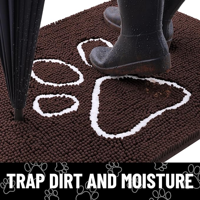 Smiry Dog Door Mat for Muddy Paws, Absorbent Dirt Trapper Non Slip Quick Dry Washable Chenille Mat for Mud Dogs, Entry Rug for Indoor and Outdoor (40x24 Inches, Brown and White)