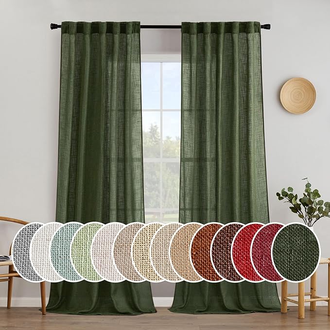MIULEE Olive Green Linen Curtains 102 Inch Length 2 Panels for Bedroom Living Room, Soft Thick Linen Textured Window Drapes Semi Sheer Light Filtering Back Tab Rod Pocket Burlap Look Decor