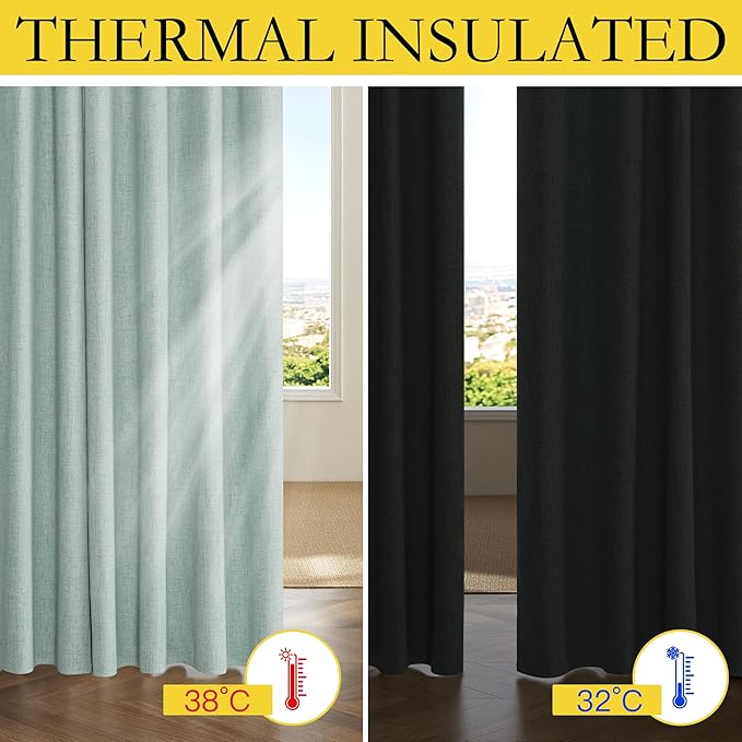 NICETOWN 100% Absolutely Blackout Linen Curtains with Thermal Insulated White Liner, Seafoam Green, 52" Wide, 90" Length Energy Saving Curtains for Living Room 2 Panels Set, Vertical Blinds