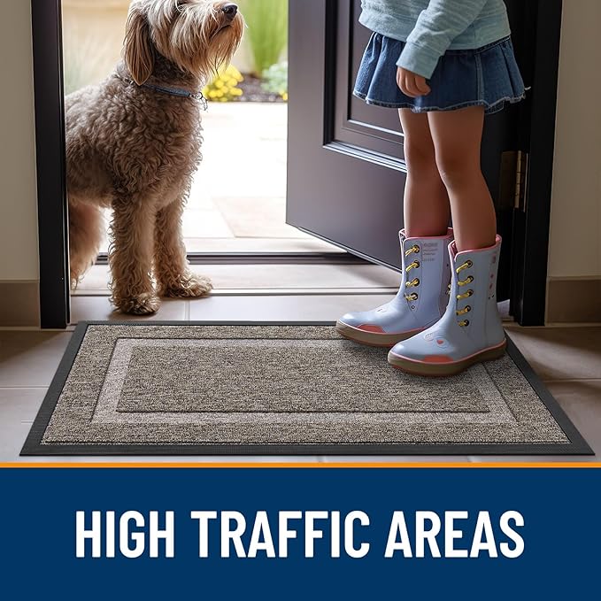 OLANLY Front Door Mat Indoor Outdoor Entrance, Waterproof All-Season, All-Weather Doormat, Sturdy Natural Rubber, Low Profile, Easy Clean Patio Porch Entryway Mat, 33x21, Khaki and White