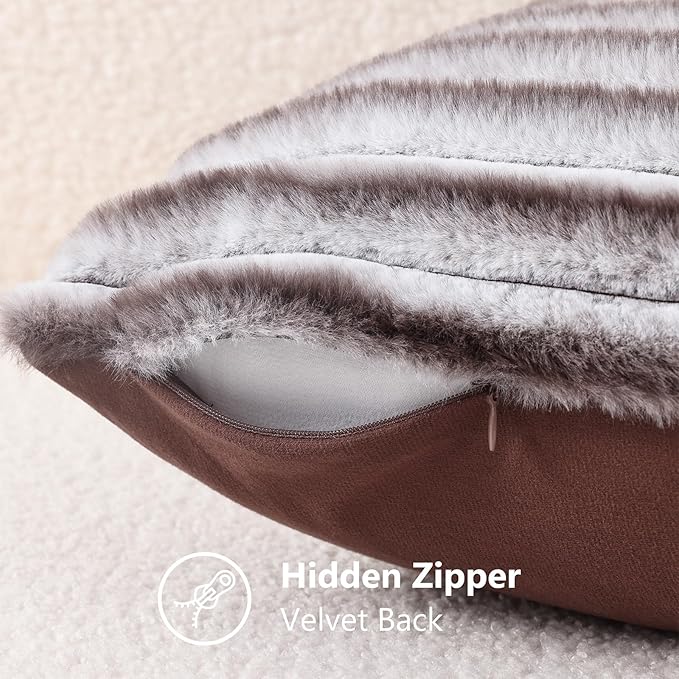 decorUhome Cozy Faux Fur Throw Pillow Covers 26x26 Set of 2 Decorative Soft Plush Striped Modern Farmhouse Boho Couch Euro Sham Pillow Cases with Velvet Back for Sofa Bed Living Room, Brown White