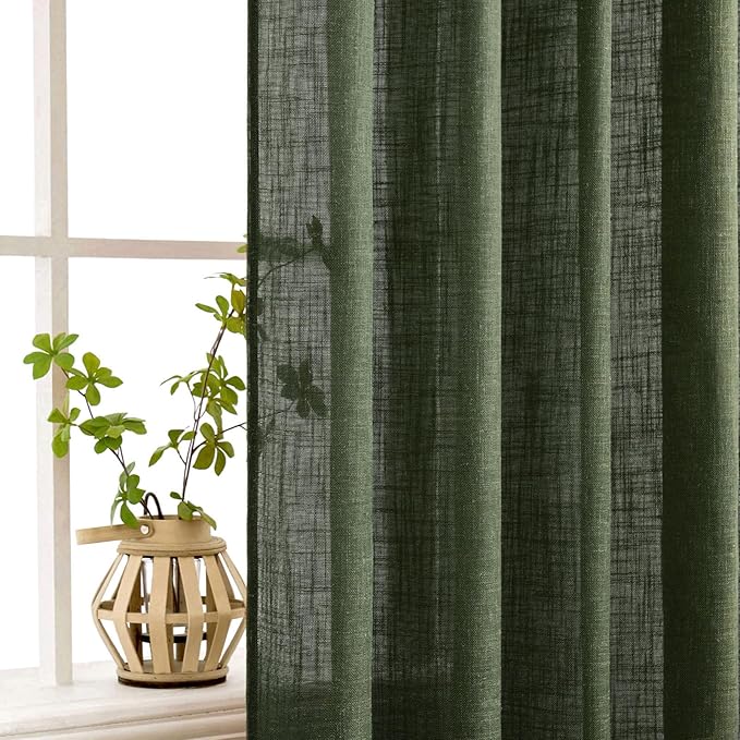 MIULEE Olive Green Linen Curtains 102 Inch Length 2 Panels for Bedroom Living Room, Soft Thick Linen Textured Window Drapes Semi Sheer Light Filtering Back Tab Rod Pocket Burlap Look Decor