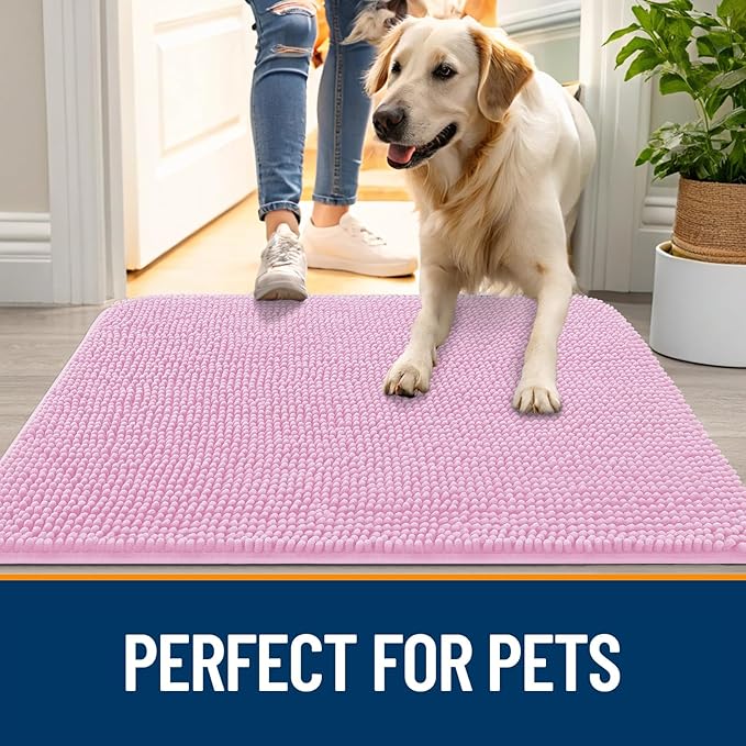 OLANLY Dog Door Mat for Muddy Paws 59x32, Absorbs Moisture and Dirt, Absorbent Non-Slip Washable Doormat, Quick Dry Chenille Mud Mat for Dogs, Entry Indoor Entryway Carpet for Inside Floor, Pink