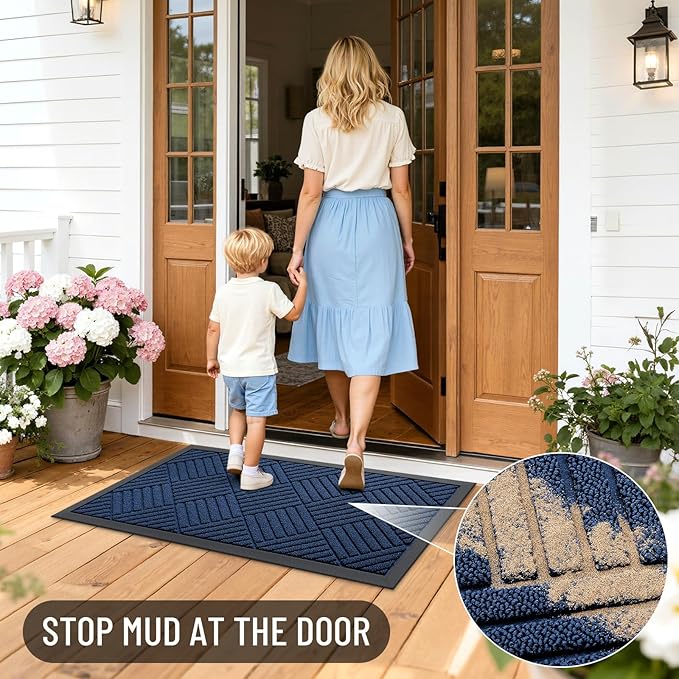 OLANLY Front Door Mat Outside Entrance 71x23, Absorbent, Heavy Duty Sturdy Natural Rubber Doormat Indoor Outdoor, Stain Fade Resistant, Non-Slip Low Profile Floor Mat for Entryway, Navy Blue Diamond
