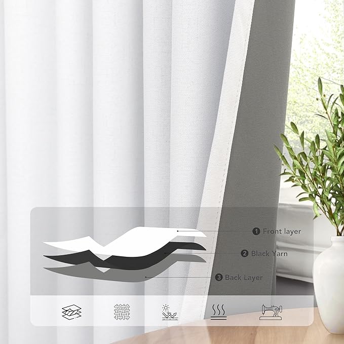 Blackout Curtains 92 Inches Long 2 Panels Set Modern Farmhouse Style Privacy Lightweight Black Out White Curtains & Drapes for Bedroom Aesthetic Dining Room Closet Door Cotton Linen Textured 92 length