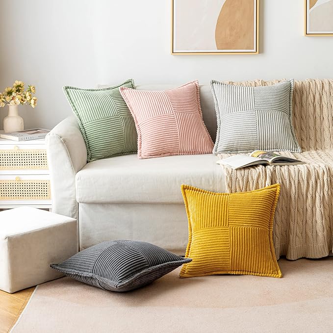 MIULEE Decorative Lumbar Throw Pillow Covers for Couch Bed Livingroom 12x20 Inch Set of 2 Fall Mustard Yellow Boho Accent Throw Pllows Broadside Striped Patchwork Soft Corduroy Pillowcases