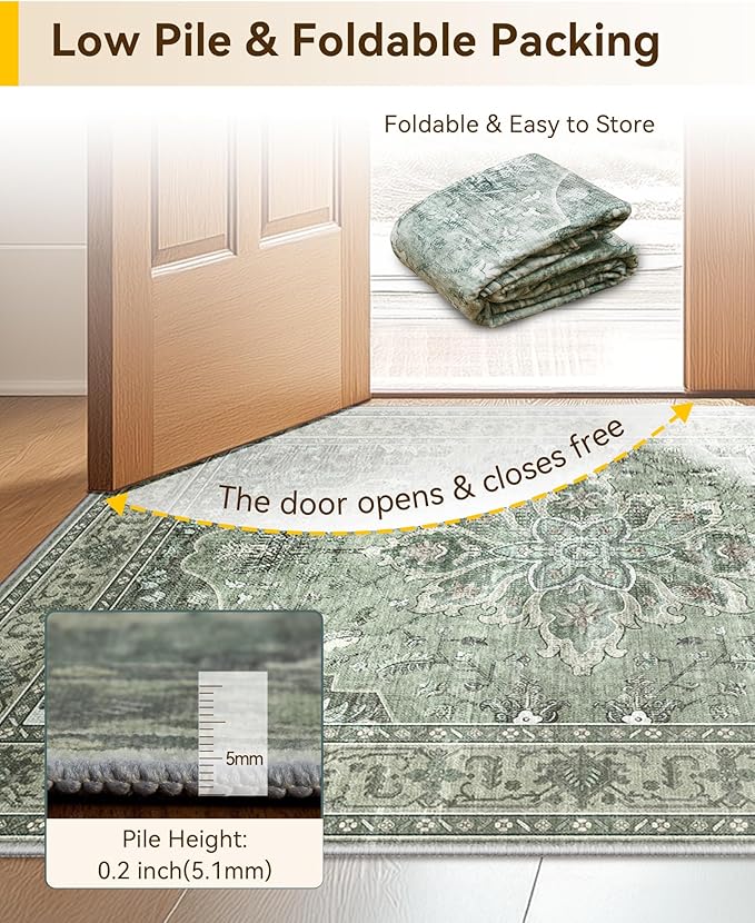 Area Rugs 2'x7' Runner Rug Non Slip Washable for Kitchen Hallway Bedroom Beside Laundry Room Bathroom Rug, Floor Carpet, Dark Green Gray